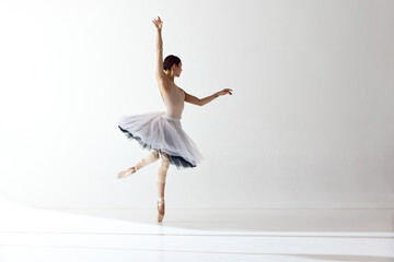 One beautiful ballerina dancing with gracual hands over white background - obrazy, fototapety, plakaty