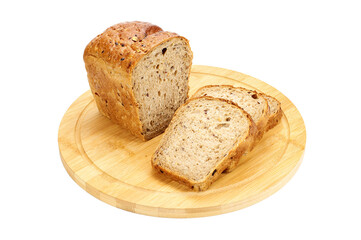 Bread made of wheat flour with seeds cut into slices on a wooden board on a white background