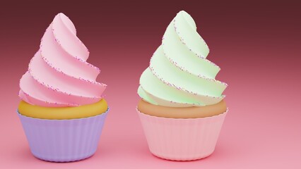 two colorful cupcakes and look delicious on background 3d render. 