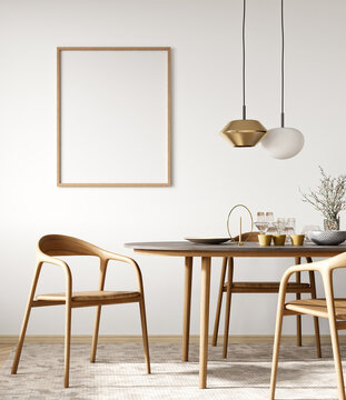 Interior design of modern dining room, dining table and wooden chairs. Poste on the white wall. 3d rendering