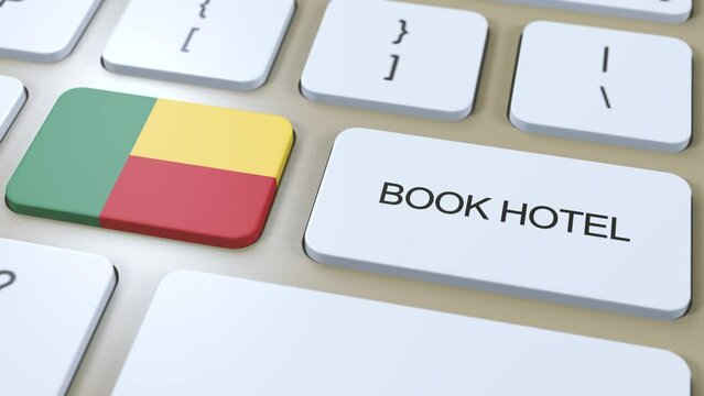 Book hotel in Benin with website online. Button on computer keyboard. Travel concept 3D animation. Book hotel text and Benin national flag