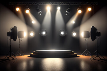 Empty stage with lighting equipment on a stage. AI Generated