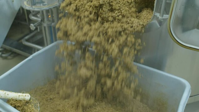Close-up shot of blades turning, and hot steaming spent grain pouring out of hatch on lauter tank into container at brewery, and unrecognizable worker raking it with hoe