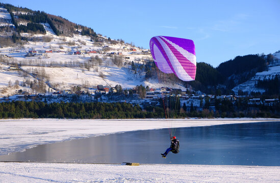 Paraglider landing in Voss in Spring, Vossevangen, Norway