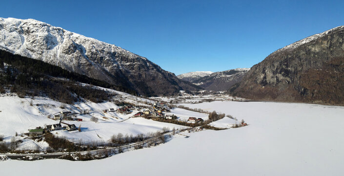 Granvin lake and mountains aerial view in Winter, Granvin, near Voss, Norway
