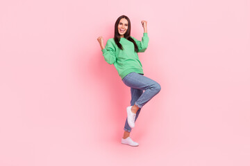 Fototapeta na wymiar Full length photo of overjoyed cheerful lady wear bright clothes rejoice win lottery jackpot competition isolated on pink color background
