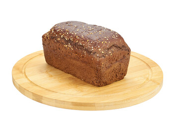 Rye bread slices over wooden board isolated over white background. Flat lay, top view.