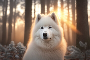 Naklejka premium White samoyed dog in forest. Beautiful white dog portrait walking in nature. Ai generative.