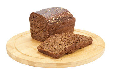 Rye bread slices over wooden board isolated over white background. Flat lay, top view.