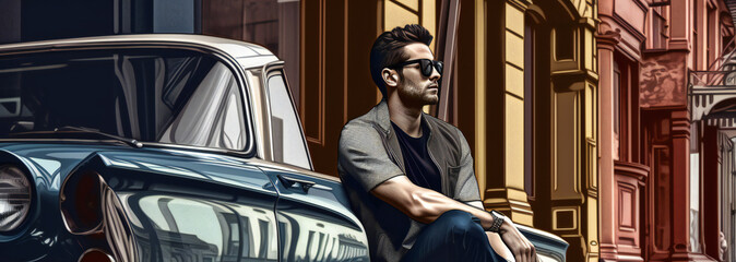 Fototapeta na wymiar Digital painting handsome man sit on a classic little car, people, active, Generative AI
