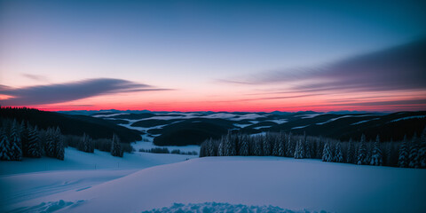Fototapeta premium Sunrise over the snow mountains. Sunset red sky for background, backdrop and wallpaer. Generative ai