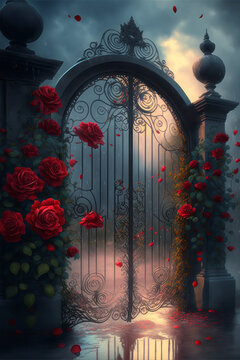 heavy rain large red roses are blooming on castle door Generative AI