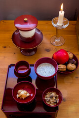 Food offerings in Lanau zen center, France.