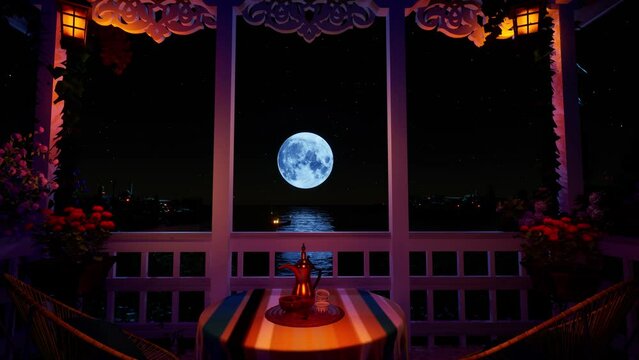 A cozy night, summer Moorish-style balcony surrounded by flowers and the aroma of coffee against the backdrop of a sea bay with a full moon and a sleeping eastern city.