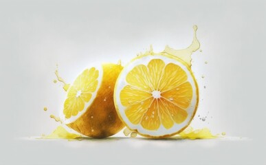 Fototapeta na wymiar Drawn lemon on white background watercolor tropical fruit organic food illustrations Generative AI