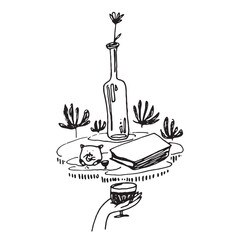 Doodle still life with a hand raising a glass in front of a table with a bottle of wine and a book