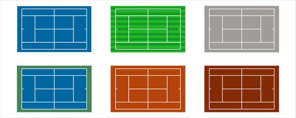 Illustration of different tennis courts, playing field for different sports set of tennis courts in different colors vector graphics eps10