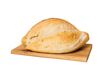 Freshly baked bread on cutting board isolated on white background . perspective view bread with copy space