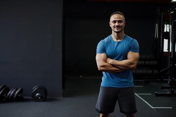 Fototapeta na wymiar Gymmer's smiling portrait in gym. Photo generative AI