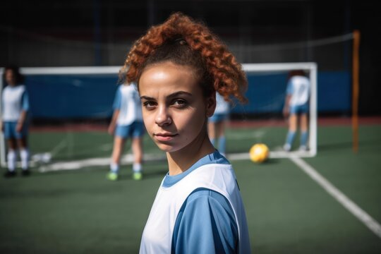 Portrait of a female soccer player in a court. Photo generative AI