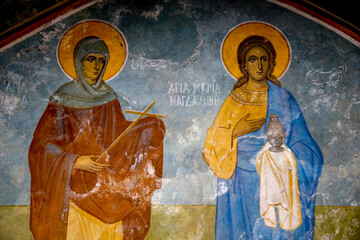Fresco in the Greek orthodox church of the Annunciation, Nazareth, Israel. Mary Magdalene and...