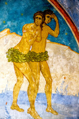 Detail of a fresco in the Greek orthodox church of the Annunciation, Nazareth, Israel. Adam and Eve expelled from paradise.