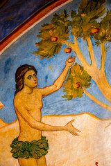 Detail of a fresco in the Greek orthodox church of the Annunciation, Nazareth, Israel. Eve picking the forbidden fruit.