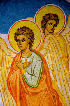 Detail of a fresco in the Greek orthodox church of the Annunciation, Nazareth, Israel. Angels.