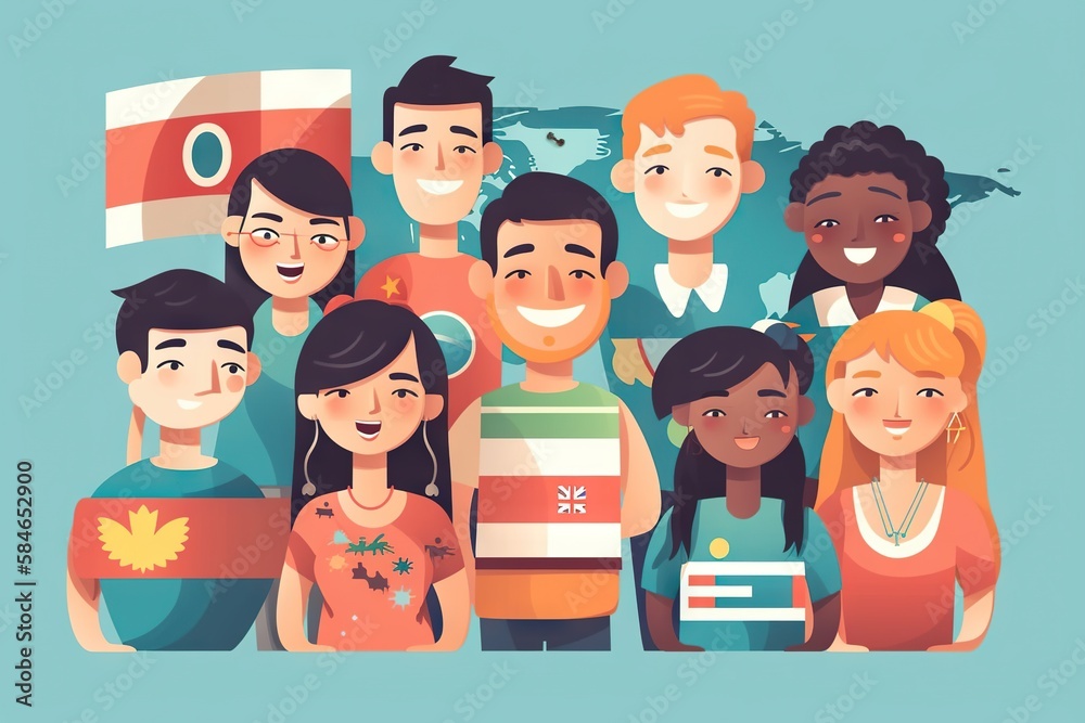 Poster a group of people standing together with flags in the background of a map classroom graphic design d