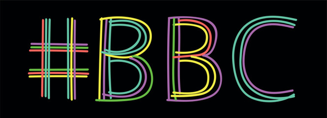 BBC Hashtag. Isolate neon doodle lettering text from multi-colored curved neon lines like from a felt-tip pen, pensil. Hashtag #BBC for big black cock, t-shirts, Adult mobile apps, web resources