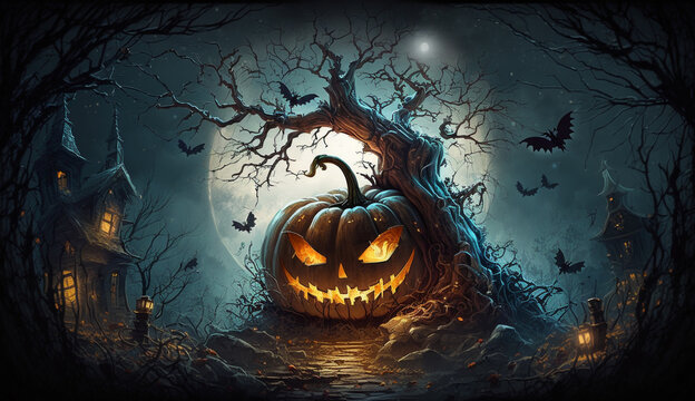 Halloween night with a pumpkin and bats, halloween background.