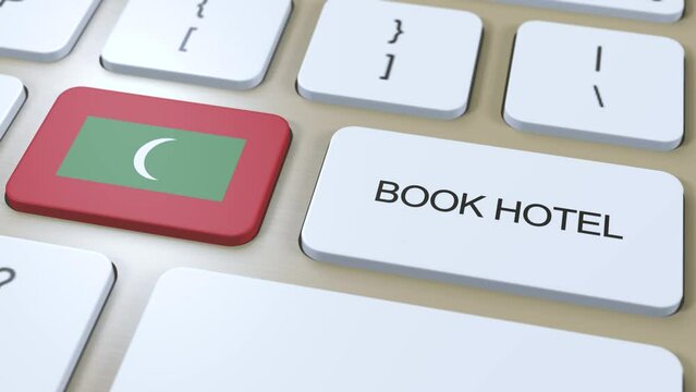 Book hotel in Maldives with website online. Button on computer keyboard. Travel concept 3D animation. Book hotel text and Maldives national flag