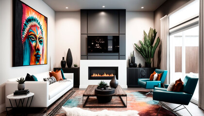Fototapeta premium A modern living room with molding painting art, fireplace, sofa, chair and a wall-mounted TV, generative ai
