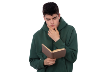 isolated boy with book on white background