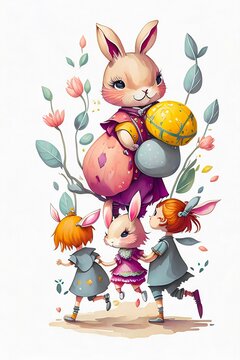 Happy girls dance with bunny holding hands, happy family with bunny mom. Mom bunny holds an Easter egg. Cartoon Watercolour hand paint Bunny. Easter greeting card, poster. Concept art. Generative ai