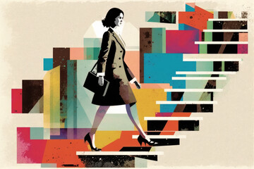 Abstract business woman walking up a staircase female leadership. Generative ai
