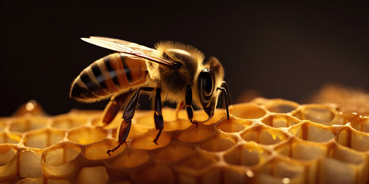 Detailed macro image of a bee collecting honey in a beehive generative ai. Bee on a honeycomb in a hive