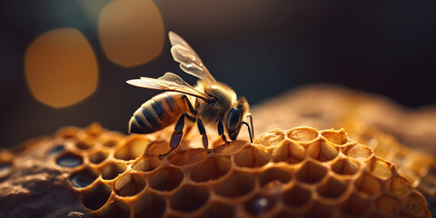Detailed macro image of a bee collecting honey in a beehive generative ai. Bee on a honeycomb in a hive - obrazy, fototapety, plakaty