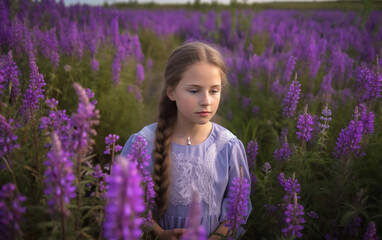 Child in a white blouse with blue details, standing in a dense field of purple flowers, observing the surroundings.