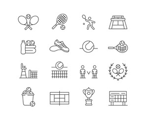 Tennis Icon collection containing 16 editable stroke icons. Perfect for logos, stats and infographics. Change the thickness of the line in Adobe Illustrator (or any vector capable app).