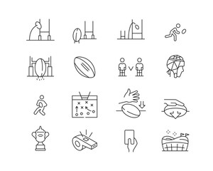 Rugby Icon collection containing 16 editable stroke icons. Perfect for logos, stats and infographics. Change the thickness of the line in Adobe Illustrator (or any vector capable app).