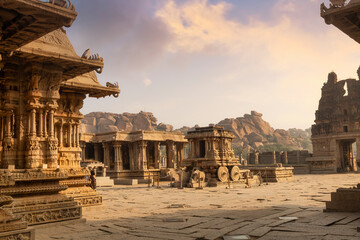 Ancient architecture at the Vijaya Vittala temple built in the 15th century AD at sunrise at Hampi...