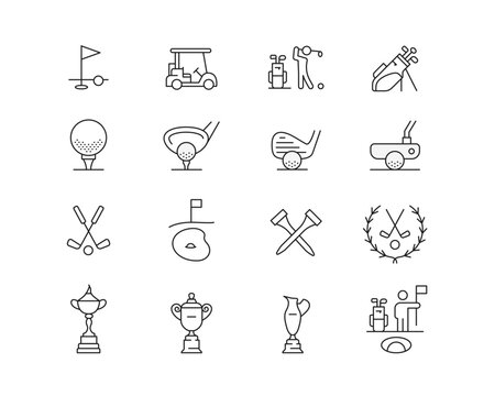 Golf Icon collection containing 16 editable stroke icons. Perfect for logos, stats and infographics. Change the thickness of the line in Adobe Illustrator (or any vector capable app).