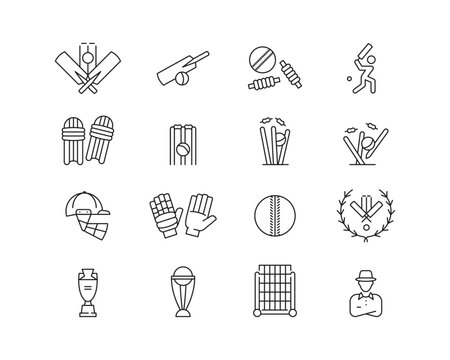 Cricket Icon collection containing 16 editable stroke icons. Perfect for logos, stats and infographics. Change the thickness of the line in Adobe Illustrator (or any vector capable app).