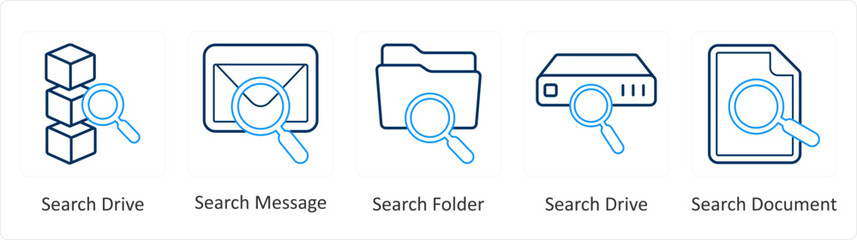 A set of 5 Mix icons as search drive, search message, search folder