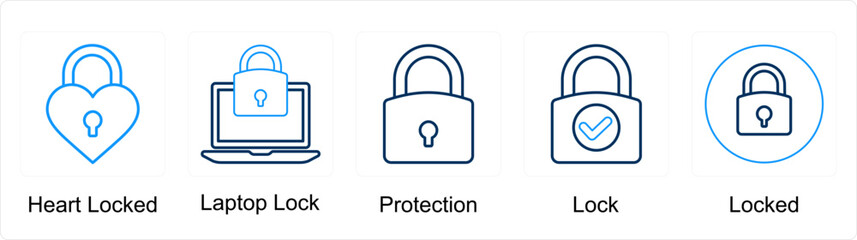 A set of 5 Mix icons as heart locked, laptop lock, protection