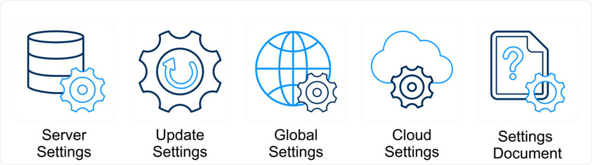 A set of 5 Mix icons as server settings, update settings, global settings