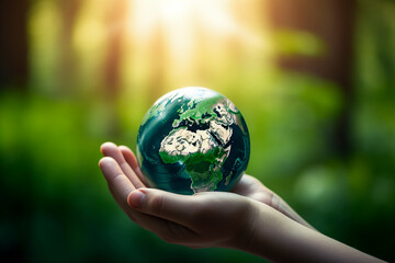 Gently hold the blue earth, water planet, world peace. generative Ai technology