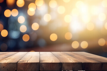 Hintergrund Holztisch mit unscharfen bokeh Lichtern. Copyspace, Banner, Generative AI
