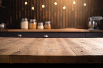 Hintergrund Holztisch mit unscharfen bokeh Lichtern. Copyspace, Banner, Generative AI
